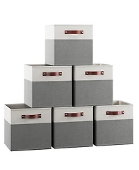 Ornavo Home 6 Pack Collapsible Linen Storage Cube Bin with Leather Handles - 11 Inch