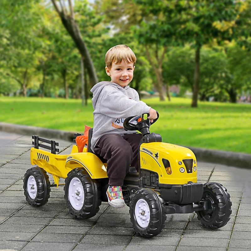 Aosom Ride on Pull Tractor with Back Trailer, Shovel & Rake for 3 Year Old