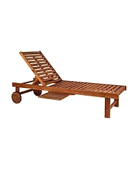 Jonathan Y Seabrook 69 x 24 Inch Outdoor Acacia Wood Lounger with Cushion, 5-Position Back, Slide Table & Wheels, Dark Brown