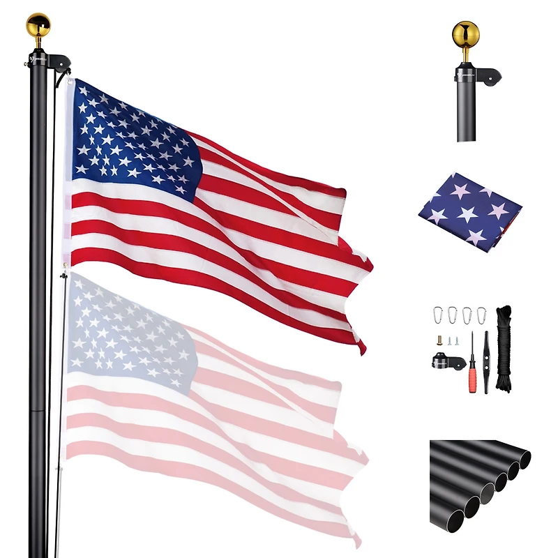 Yescom Bravery 20 Ft Aluminum Sectional Flagpole with 3x5 Ft Us Flag Gold Ball Outdoor