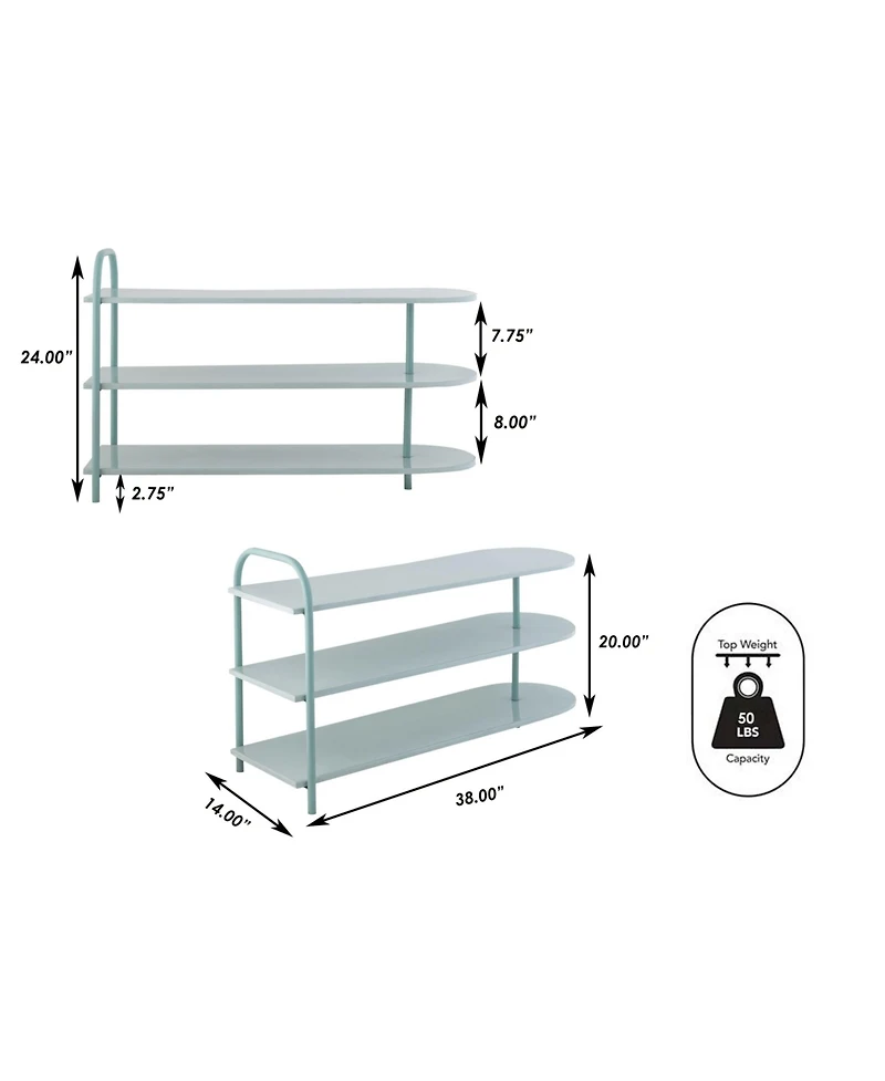 Jonathan Y Modern 24" 9-Pair 3-Tier Iron Curved Decker Shoe Rack, Two-Tone Mint