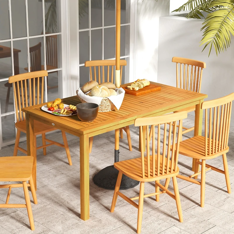 Outsunny Recgle Patio Table for 6 People, Acacia Wood with Umbrella Hole