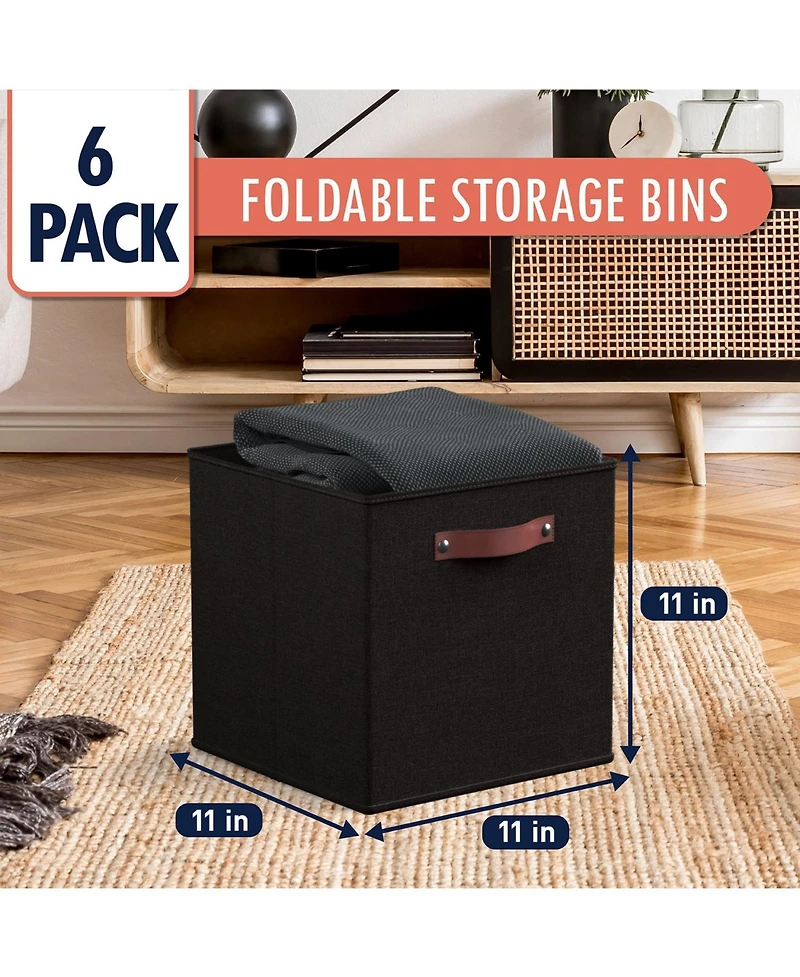 Ornavo Home 6 Pack Collapsible Linen Storage Cube Bin with Leather Handles - 11 Inch