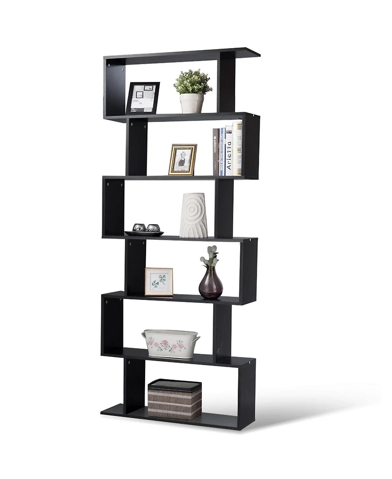 Gymax 6 Tier S-Shaped Bookcase Z-Shelf Style Storage Display Modern Bookshelf Black
