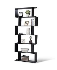 Gymax 6 Tier S-Shaped Bookcase Z-Shelf Style Storage Display Modern Bookshelf Black