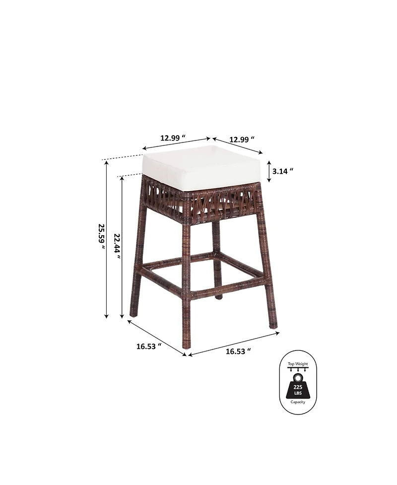 Jonathan Y Bali 25.5" Bohemian Basics Rattan Backless Counter Stool, White Cushion with Dark Brown Woven Frame