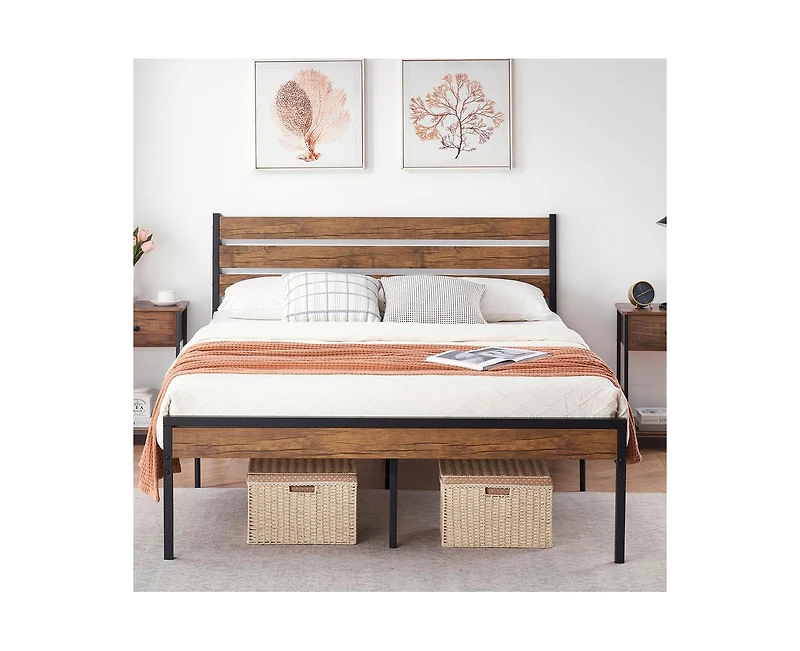 gaomon Queen Size Platform Bed Frame with Rustic Wood Headboard, Bed Frame with Sturdy Metal Slats Support, Under Bed Storage, No Box Spring Needed, E