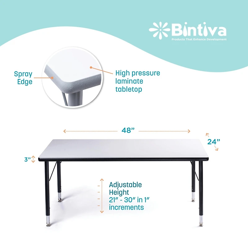 Bintiva Activity Table 24" x 48" Black Edge - Black Legs Adjusts 15" - 24" - Black edge
