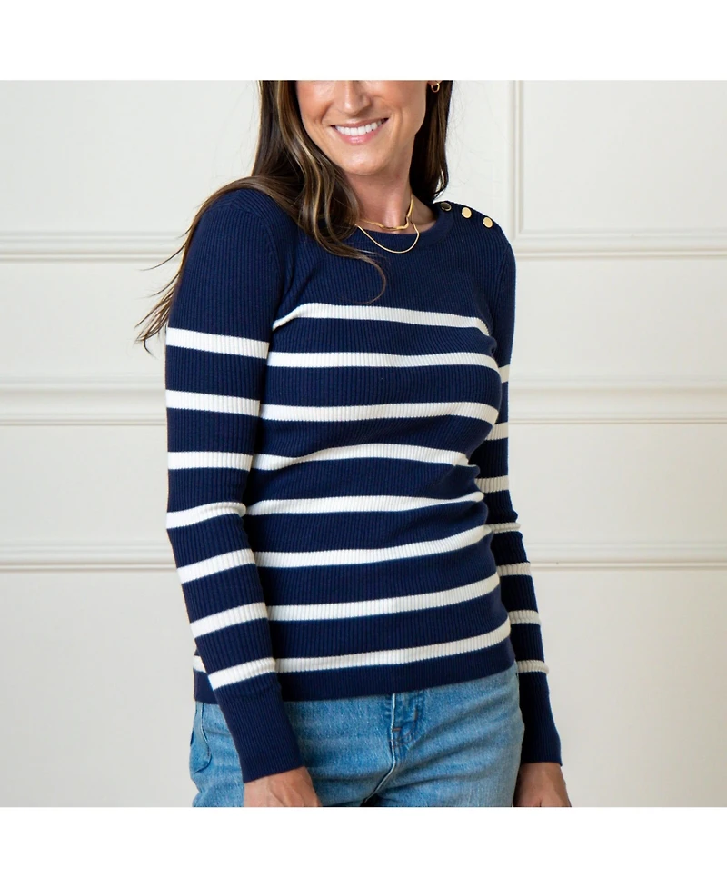 Hope & Henry Women's Long Sleeve Breton Button Sweater Made from Organic Cotton
