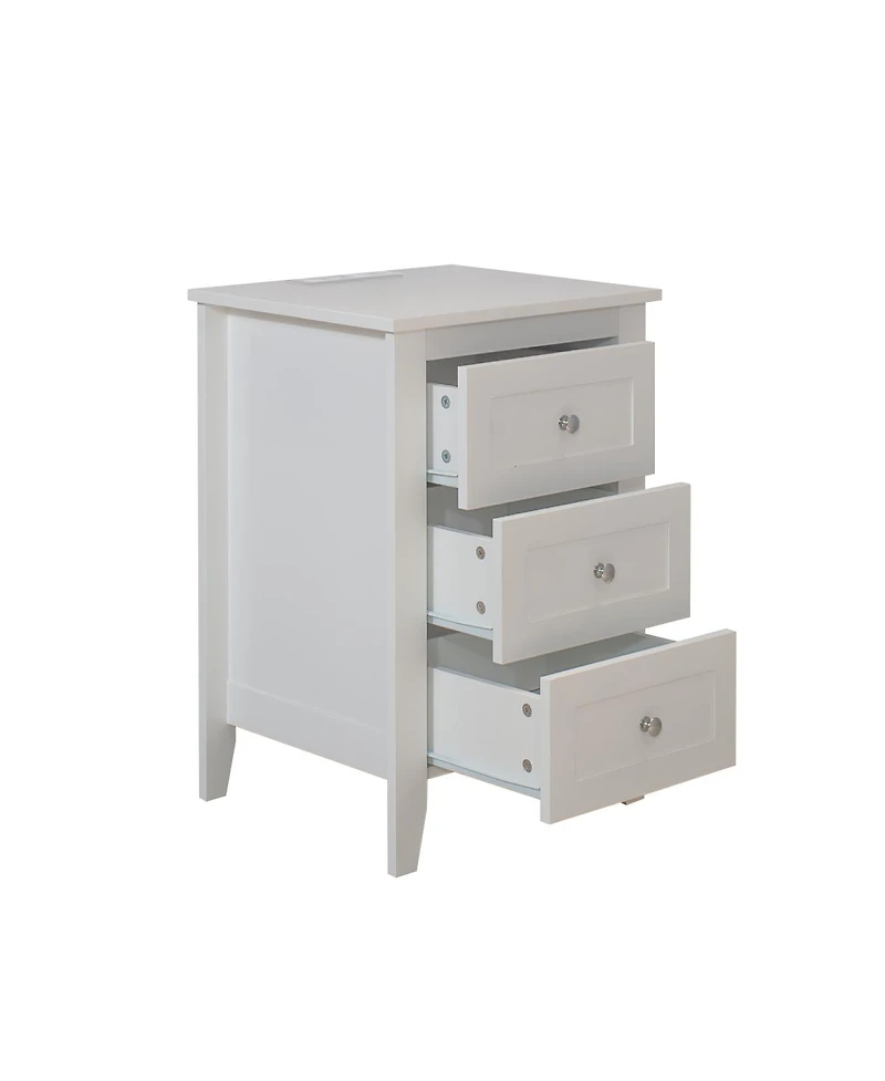 Streamdale Modern White 3-Drawer Nightstand with Usb Charging
