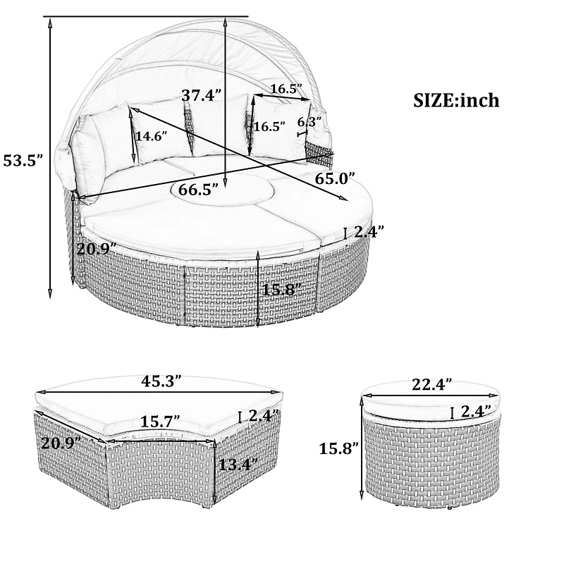 Simplie Fun Gray Rattan Outdoor Sectional Sofa Set with Retractable Canopy