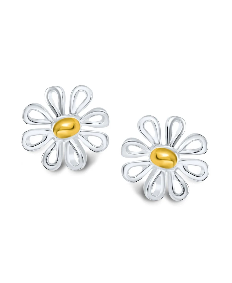 Bling Jewelry Summer Spring Time Two Tone Charm Sunflower Daisy Flower Stud Earring Yellow Gold Plated Sterling Silver