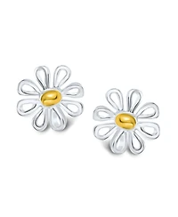 Bling Jewelry Summer Spring Time Two Tone Charm Sunflower Daisy Flower Stud Earring Yellow Gold Plated Sterling Silver
