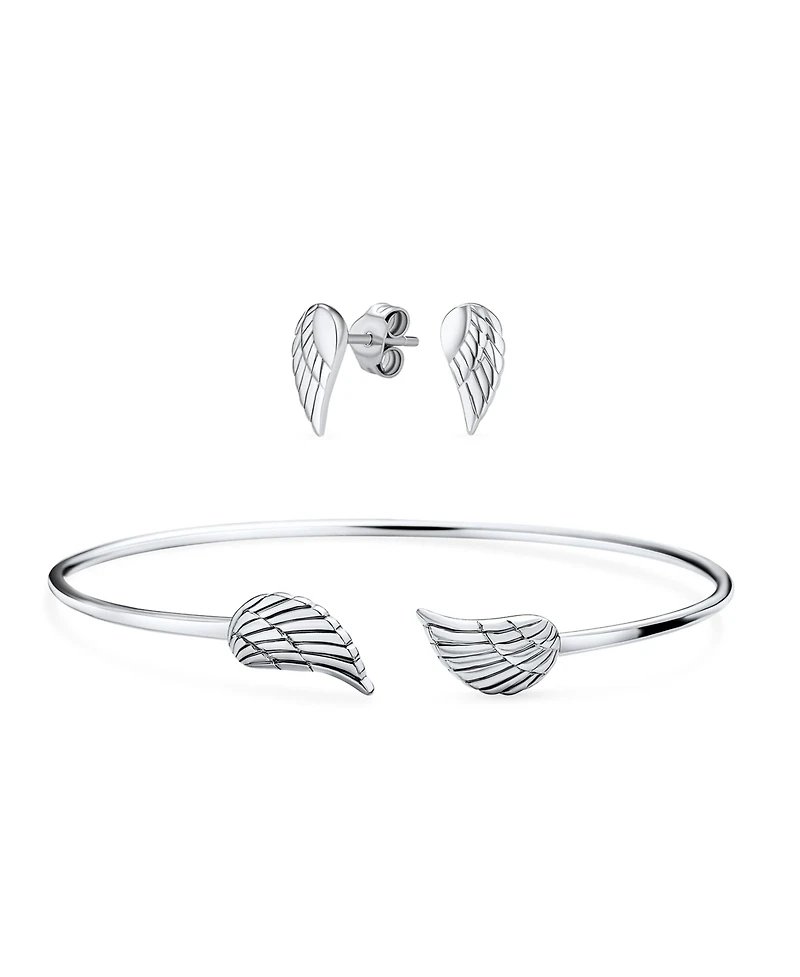 Bling Jewelry Delicate Angel Wing Feather Cuff Bracelet & Stud Earrings Set Sterling Silver