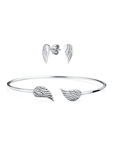 Bling Jewelry Delicate Angel Wing Feather Cuff Bracelet & Stud Earrings Set Sterling Silver