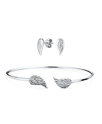 Bling Jewelry Delicate Angel Wing Feather Cuff Bracelet & Stud Earrings Set Sterling Silver