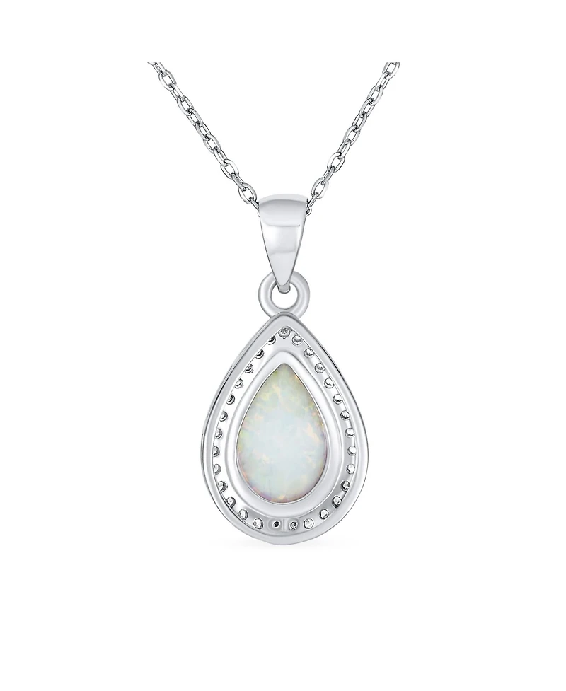 Bling Jewelry Elegant Cz Accent Halo Solitaire White Rainbow Synthetic Opal Teardrop Necklace Pendant For Women Sterling Silver