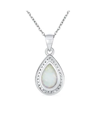 Bling Jewelry Elegant Cz Accent Halo Solitaire White Rainbow Synthetic Opal Teardrop Necklace Pendant For Women Sterling Silver