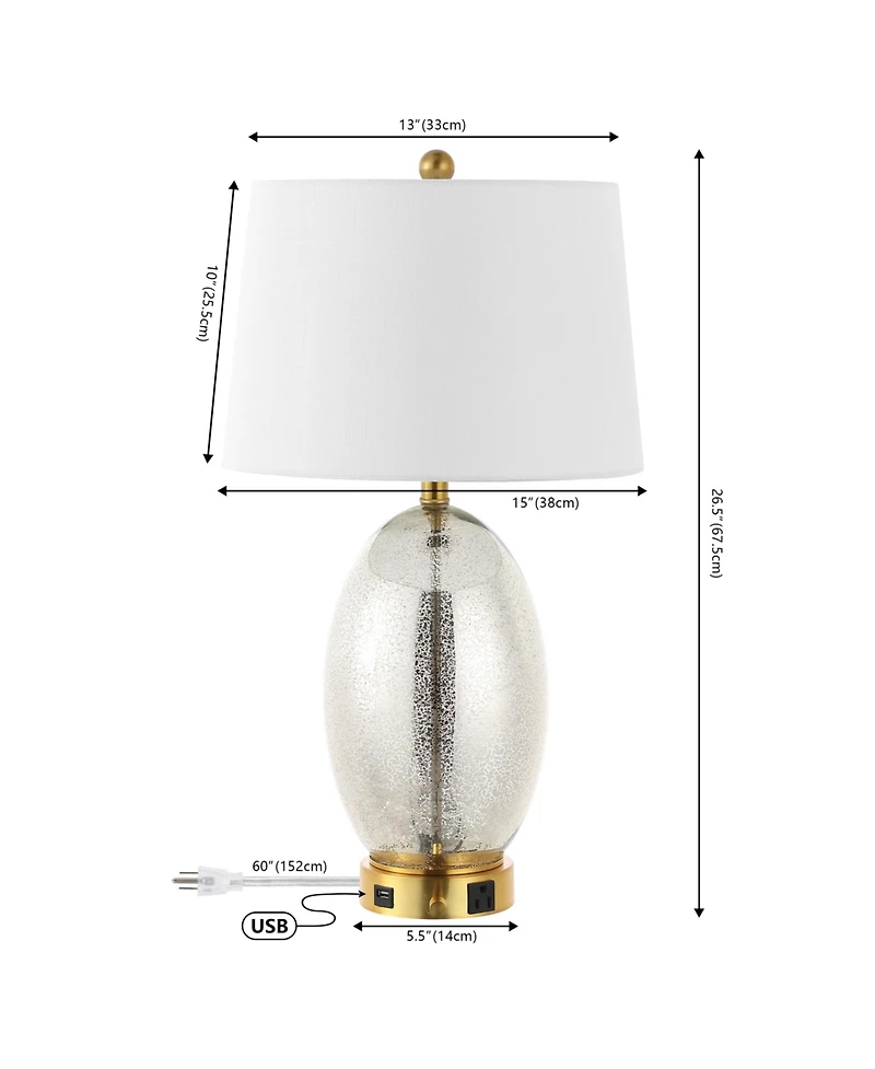 Jonathan Y Reese 26.5" 1-Outlet Contemporary Style Iron/Glass Led Table Lamp with Usb Charging Port, Silver/Brass Gold