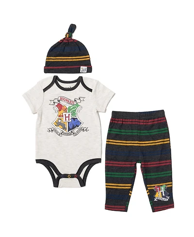 Harry Potter Baby Boys Gryffindor Hufflepuff Ravenclaw Bodysuit Pants and Hat 3 Piece Outfit Set Newborn to