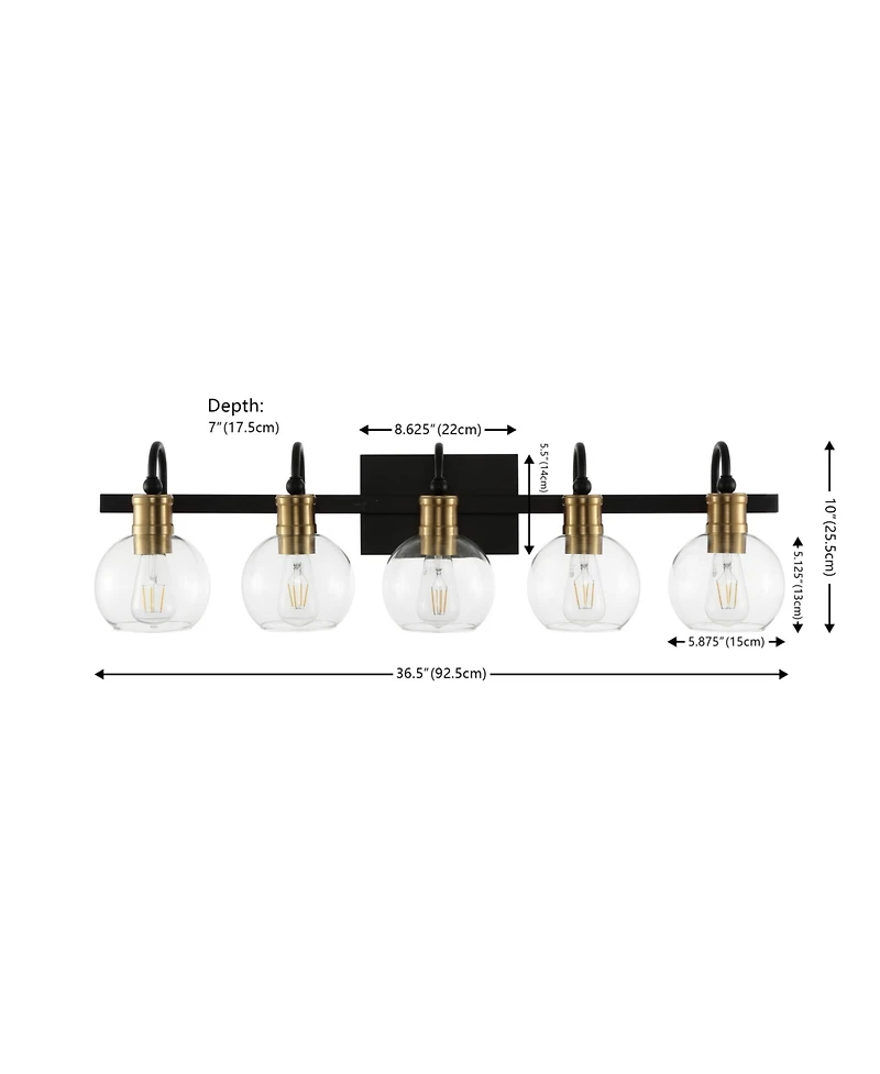 Jonathan Y Marais 36.5" 5-Light Iron/Glass Rustic Vintage Led Vanity Light, Black/Brass Gold