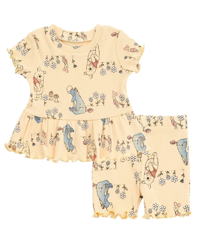 Winnie the Pooh Baby Girls Minnie Mouse Lilo & Stitch Peplum T-Shirt and Bike Shorts Outfit Set Newborn to