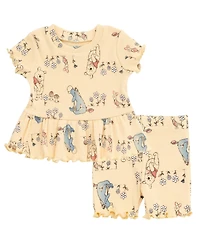 Winnie the Pooh Baby Girls Minnie Mouse Lilo & Stitch Peplum T-Shirt and Bike Shorts Outfit Set Newborn to