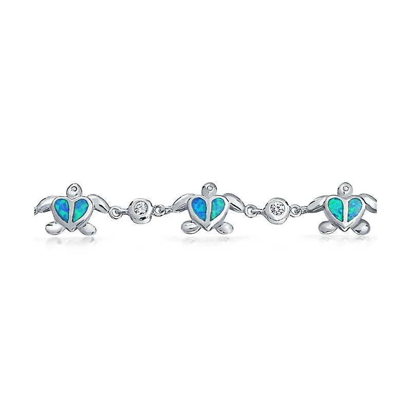 Bling Jewelry Nautical Aquatic Tropical Beach Vacation Synthetic Created Opal Inlay Sea Tortoise Cz Accent Heart Multi Charm Turtles Bracelet Sterling