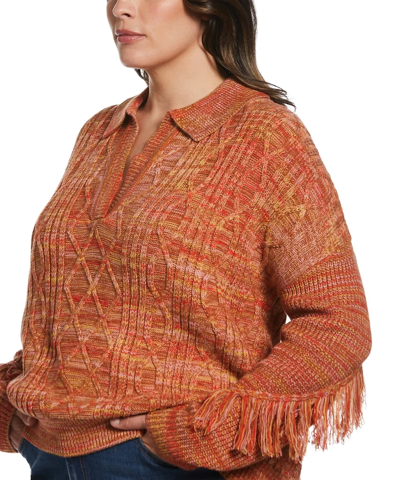 Ella Rafaella Plus Fringe Trim Long Sleeve Polo Sweater