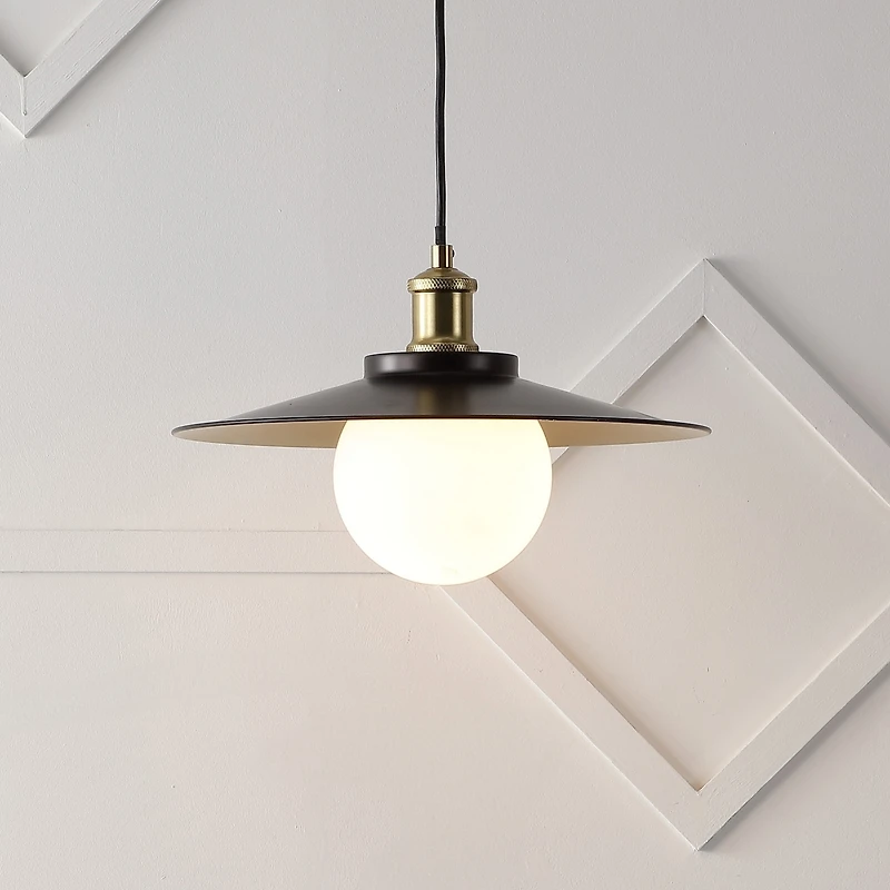 Jonathan Y Hadley 14.5" 1-Light Scandinavian Farmhouse Iron/Frosted Glass Led Pendant, Oil Rubbed Bronze/Brass Gold
