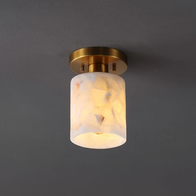 Jonathan Y Jules 5.13" 1-Light Modern Contemporary Alabaster/Iron Cylinder Led Semi Flush Mount, White Marbling/Brass Gold