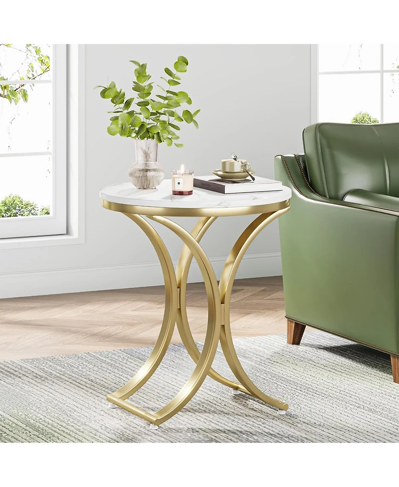 Tribesigns Set of 2 Small Round Sofa Side Table, Marble White and Gold End Table, Contemporary Marble Side Table