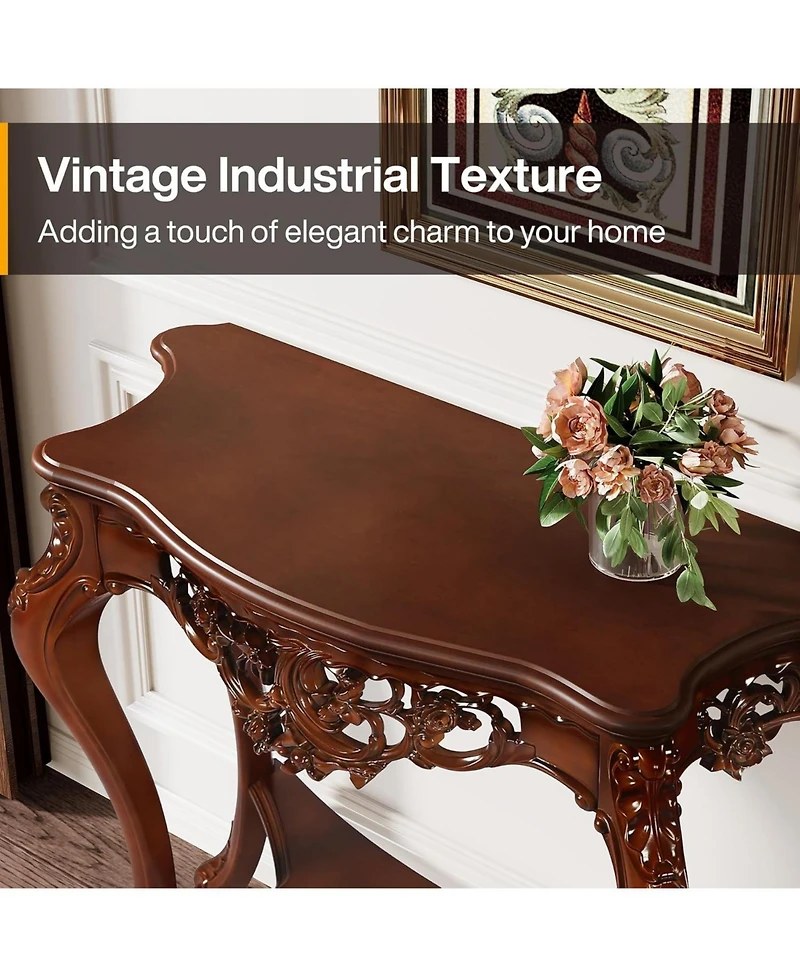 Tribesigns Antique Console Table, 38 Inch Victorian Half Moon Sofa Table with Hollow Floral Apron and Cabriole Legs for Entryway, Hallway, Living Room