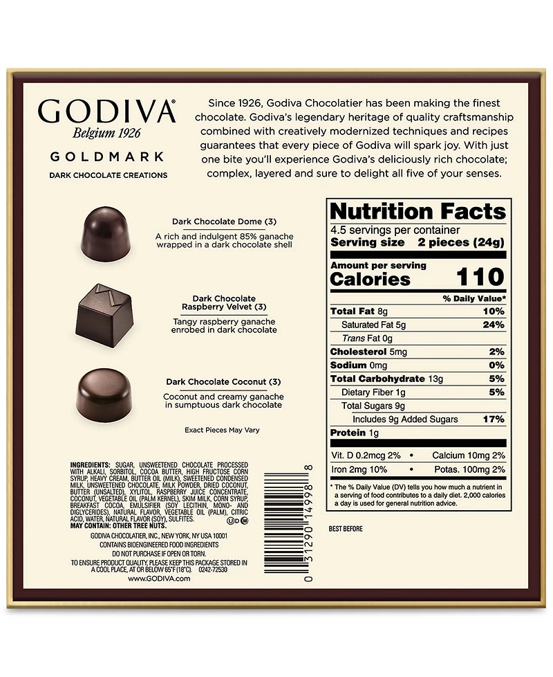 Godiva Holiday Goldmark Dark Chocolate Gift Box, 9 Pieces