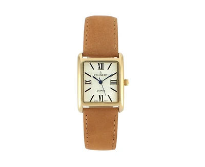 Peugeot Women's Tank Watch Roman Dial Brown Leather Strap