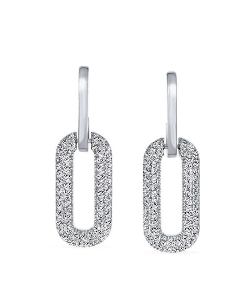 Bling Jewelry Geometric Vertical U Rectangle Inside Out Micro Pave Cz Dangling Chain Link Paperclip Earrings Gold Plated