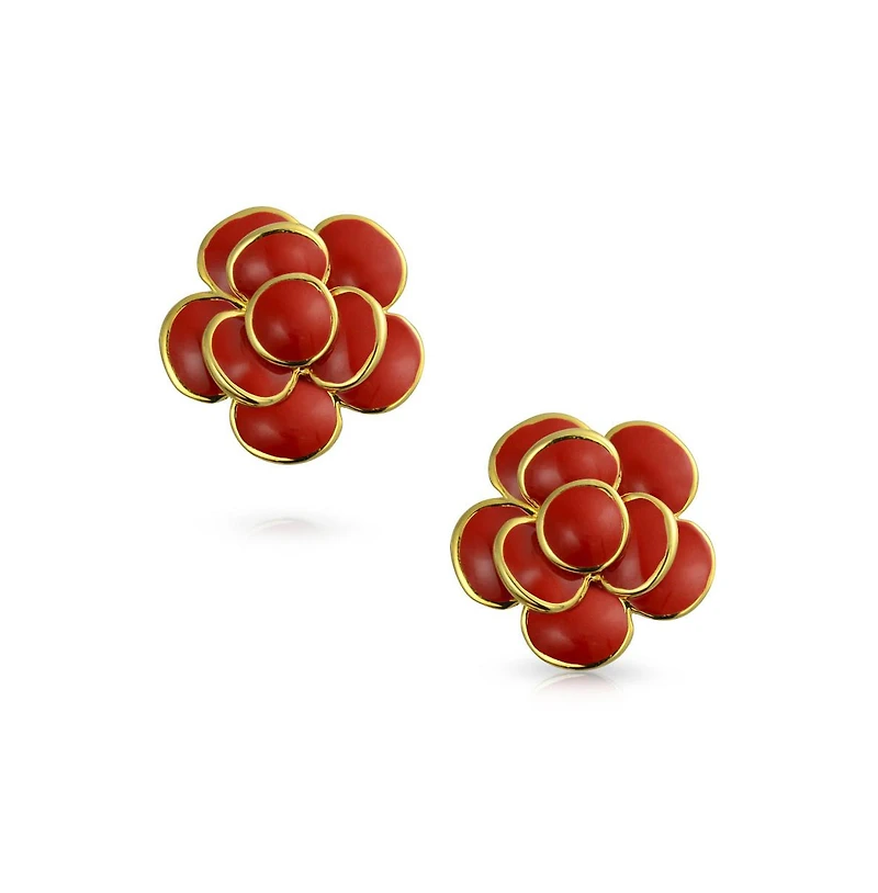Bling Jewelry Retro Enamel Rose Flower Clip On Earrings Button Style For Non Pierced Ears Gold Plated Brass
