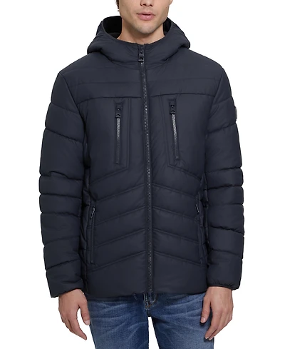 Guess Men's Quilted Faux Leather Hooded Jacket