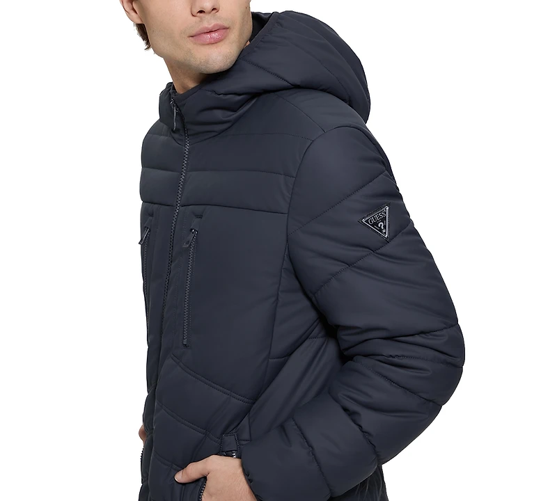 Guess Men's Quilted Faux Leather Hooded Jacket