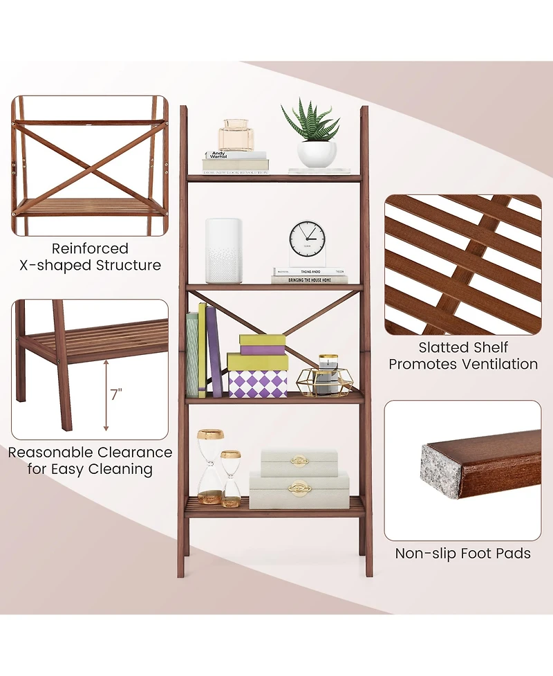 Gymax 4-Tier Bamboo Ladder Bookshelf 58'' Display Shelf Storage Rack Plant Flower Stand