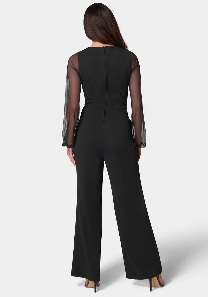 bebe Women's V-Neck Jumpsuit with Powermesh Sleeve