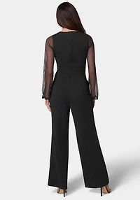 bebe Women's V-Neck Jumpsuit with Powermesh Sleeve