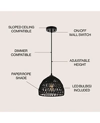 Jonathan Y Campana 10.25" 1-Light Bohemian Modern Woven Rope/Iron Led Pendant, Black
