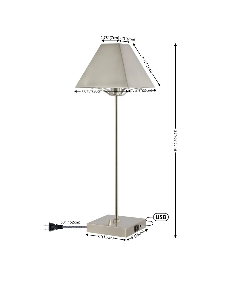 Jonathan Y Ruthen 25" Industrial Style Iron Pyramid Bedside Led Table Lamp with Usb Charging Port, Nickel