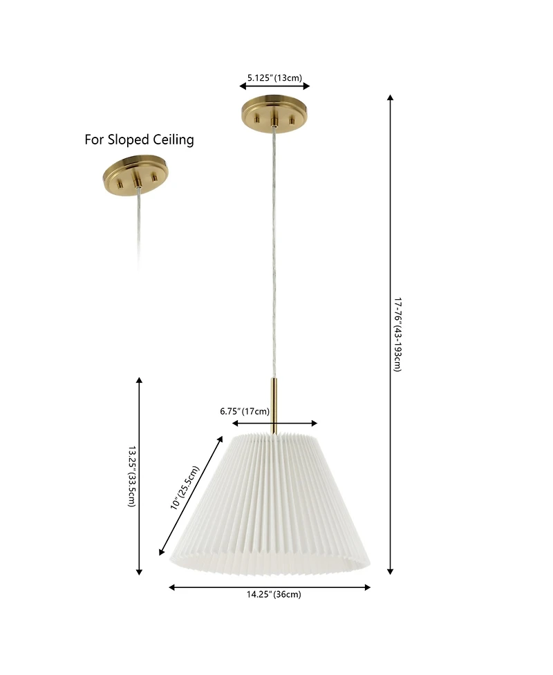 Jonathan Y Alden 14.25" 1-Light Classic French Country Iron Led Pendant with Pleated Shade, Brass Gold/White