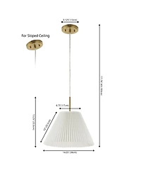 Jonathan Y Alden 14.25" 1-Light Classic French Country Iron Led Pendant with Pleated Shade, Brass Gold/White