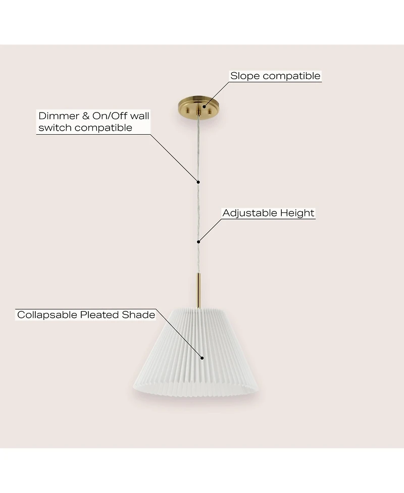 Jonathan Y Alden 14.25" 1-Light Classic French Country Iron Led Pendant with Pleated Shade, Brass Gold/White