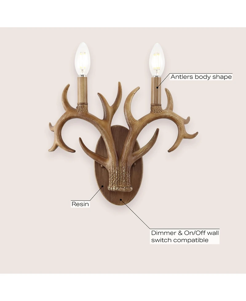 Jonathan Y Oakley 13.25" 2-Light Southwestern Bohemian Resin/Iron Faux Antler Led Sconce, Brown Wood Finish
