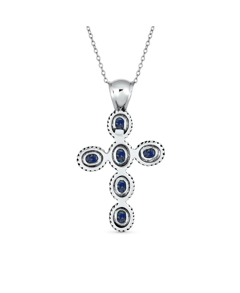 Bling Jewelry South Western Style Blue Natural Lapis Lazuli Rope Bezel Set Cross Pendant Sterling Silver Necklace 18 Chain 1.5