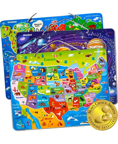Quokka 3 Set Kids Puzzles for 3-5 Years Old - Educational Toddler Map Puzzle Usa World Wooden or Magnetic